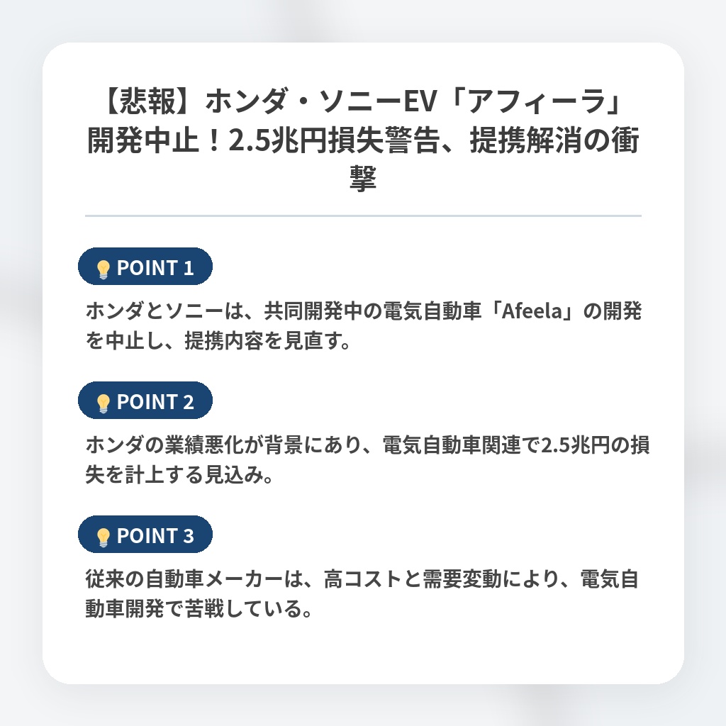 【悲報】ホンダ・ソニーEV「アフィーラ」開発中止!2.5兆円損失警告、提携解消の衝撃の注目ポイントまとめ