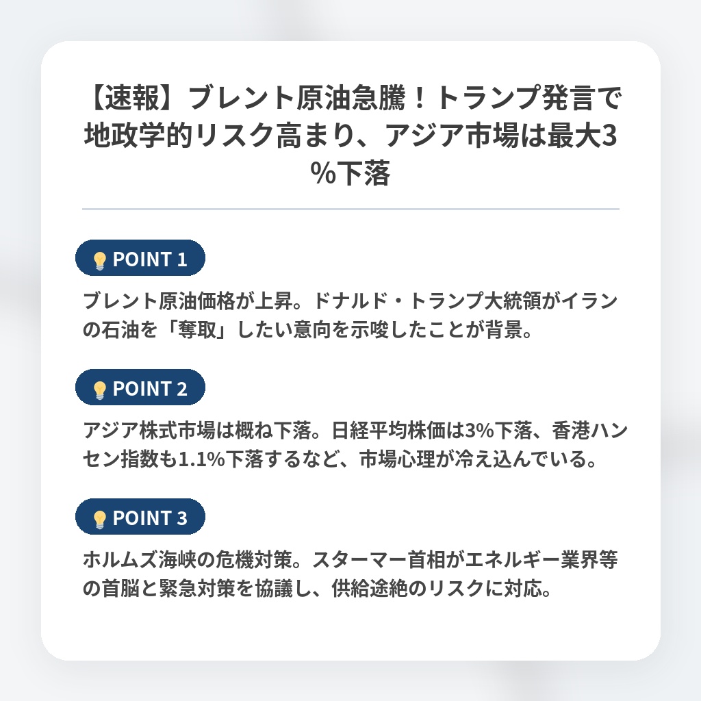 【速報】ブレント原油急騰！トランプ発言で地政学的リスク高まり、アジア市場は最大3%下落の注目ポイントまとめ