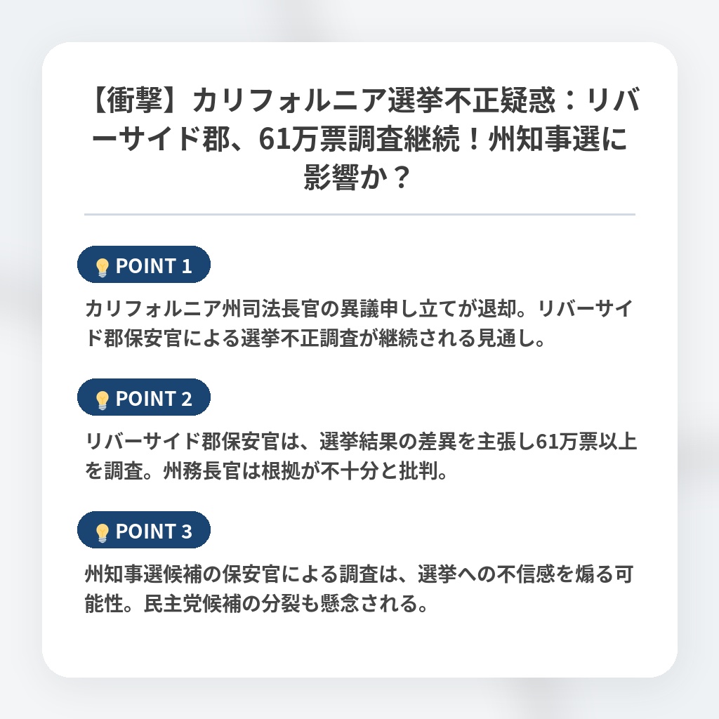 【衝撃】カリフォルニア選挙不正疑惑：リバーサイド郡、61万票調査継続！州知事選に影響か？の注目ポイントまとめ