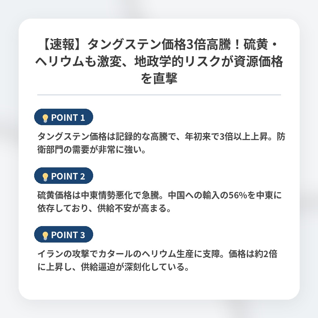 【速報】タングステン価格3倍高騰！硫黄・ヘリウムも激変、地政学的リスクが資源価格を直撃の注目ポイントまとめ