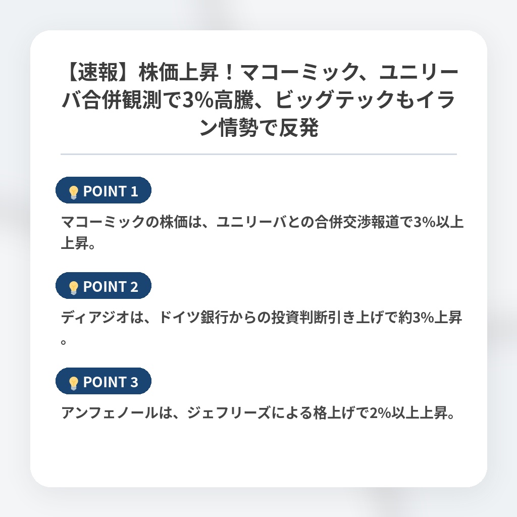 【速報】株価上昇！マコーミック、ユニリーバ合併観測で3%高騰、ビッグテックもイラン情勢で反発の注目ポイントまとめ
