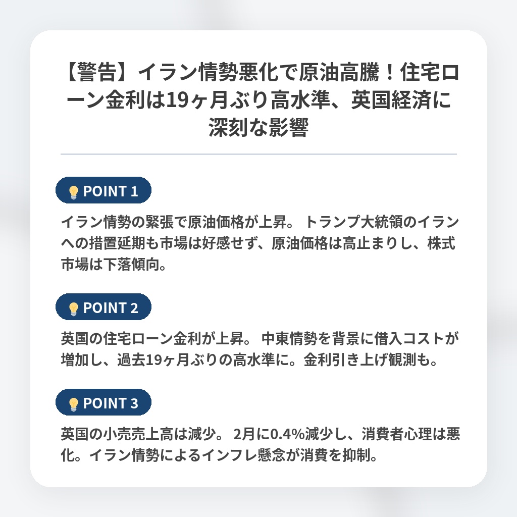【警告】イラン情勢悪化で原油高騰！住宅ローン金利は19ヶ月ぶり高水準、英国経済に深刻な影響の注目ポイントまとめ