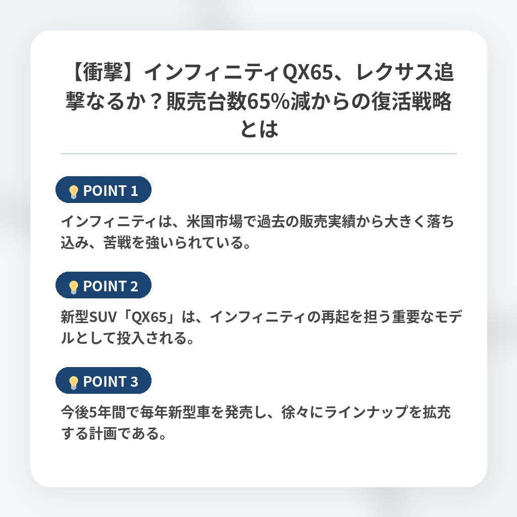 【衝撃】インフィニティQX65、レクサス追撃なるか？販売台数65%減からの復活戦略とはの注目ポイントまとめ