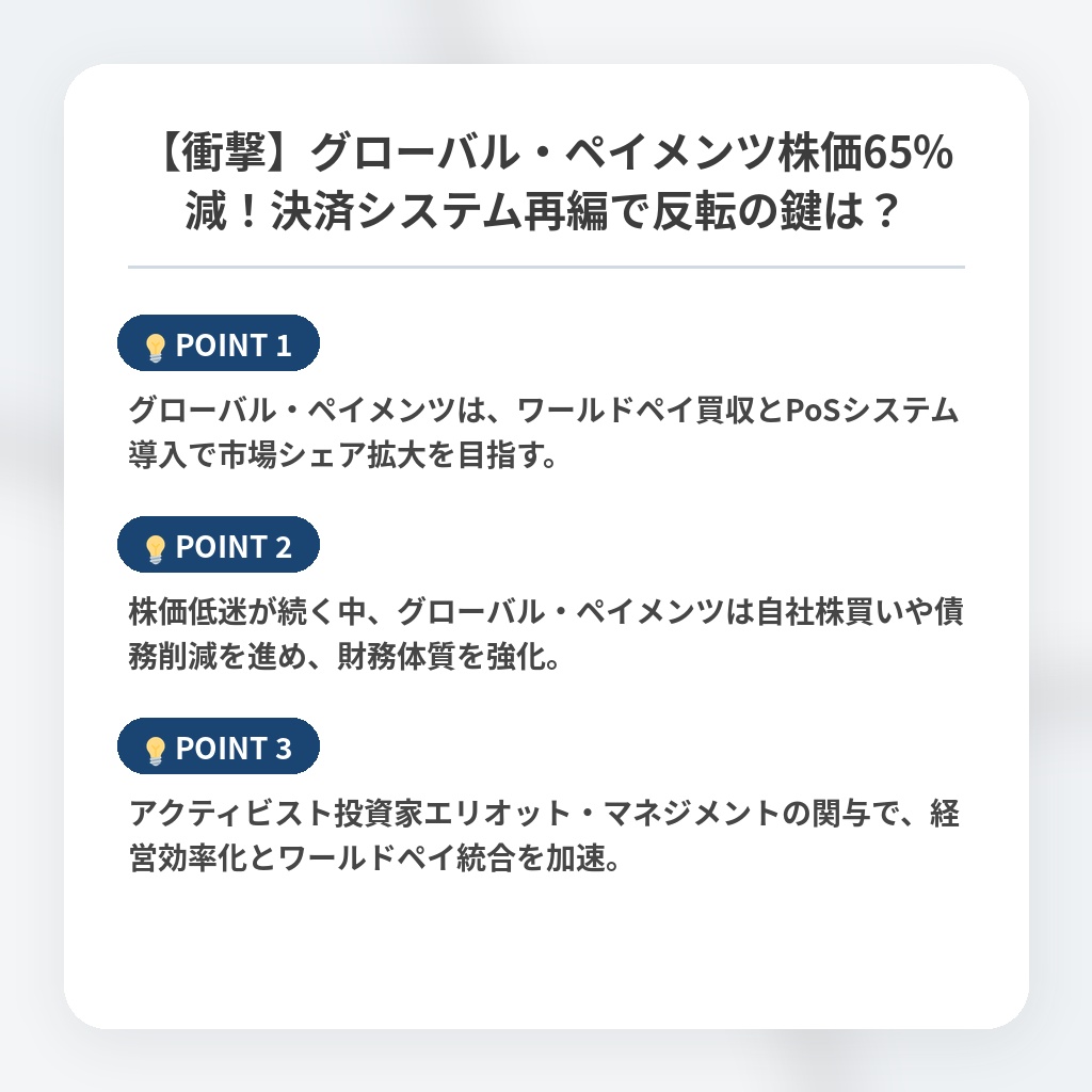 【衝撃】グローバル・ペイメンツ株価65%減！決済システム再編で反転の鍵は？の注目ポイントまとめ