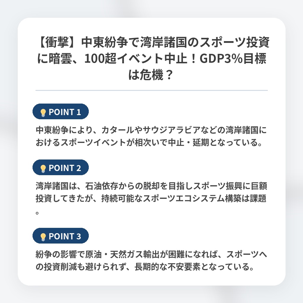 【衝撃】中東紛争で湾岸諸国のスポーツ投資に暗雲、100超イベント中止！GDP3%目標は危機？の注目ポイントまとめ