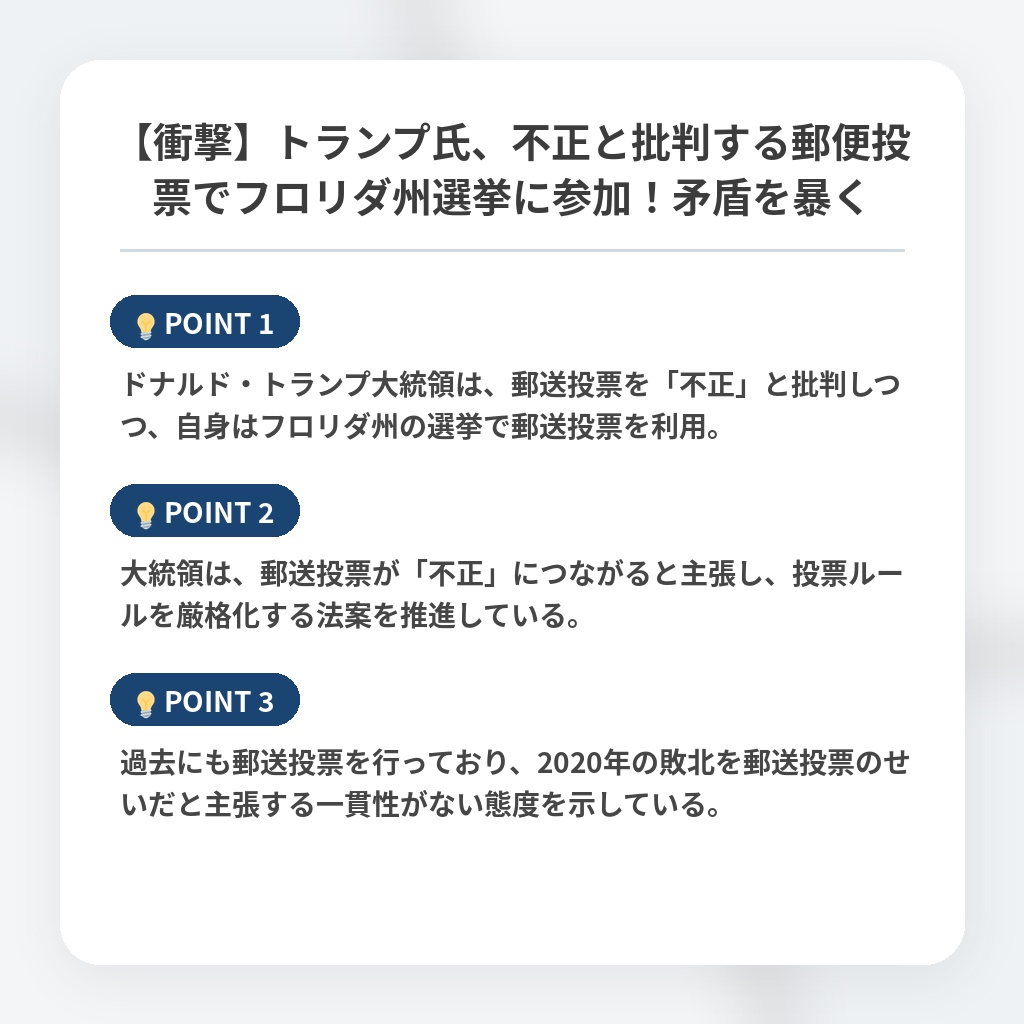 【衝撃】トランプ氏、不正と批判する郵便投票でフロリダ州選挙に参加！矛盾を暴くの注目ポイントまとめ