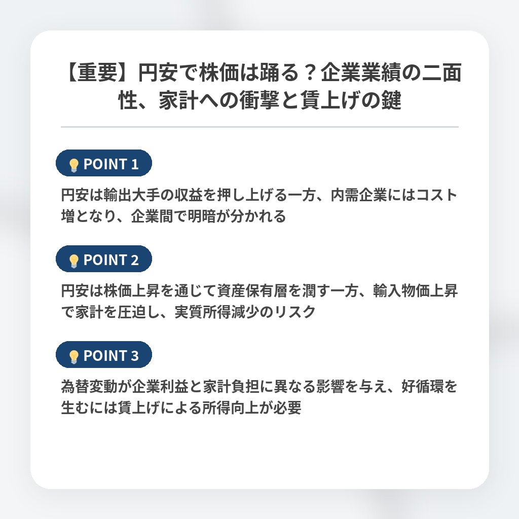 【重要】円安で株価は踊る？企業業績の二面性、家計への衝撃と賃上げの鍵の注目ポイントまとめ
