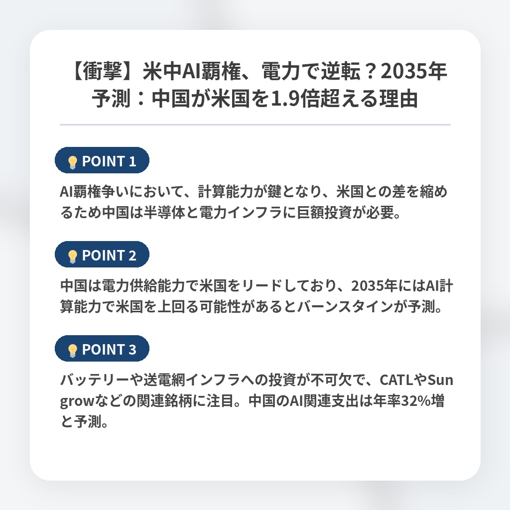 【衝撃】米中AI覇権、電力で逆転？2035年予測：中国が米国を1.9倍超える理由の注目ポイントまとめ