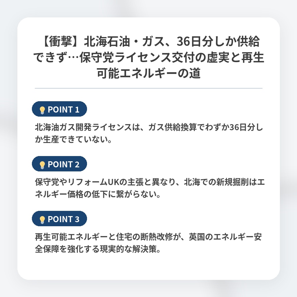 【衝撃】北海石油・ガス、36日分しか供給できず…保守党ライセンス交付の虚実と再生可能エネルギーの道の注目ポイントまとめ