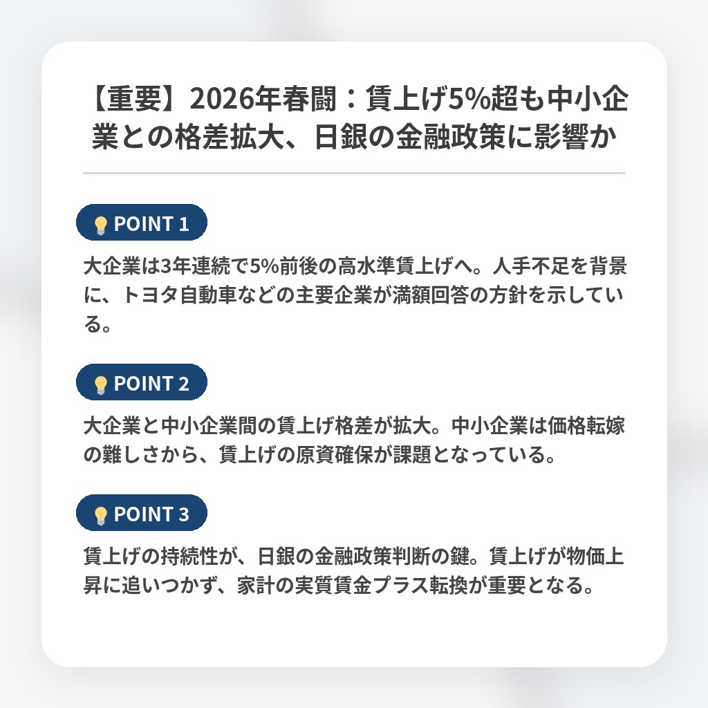 【重要】2026年春闘:賃上げ5%超も中小企業との格差拡大、日銀の金融政策に影響かの注目ポイントまとめ