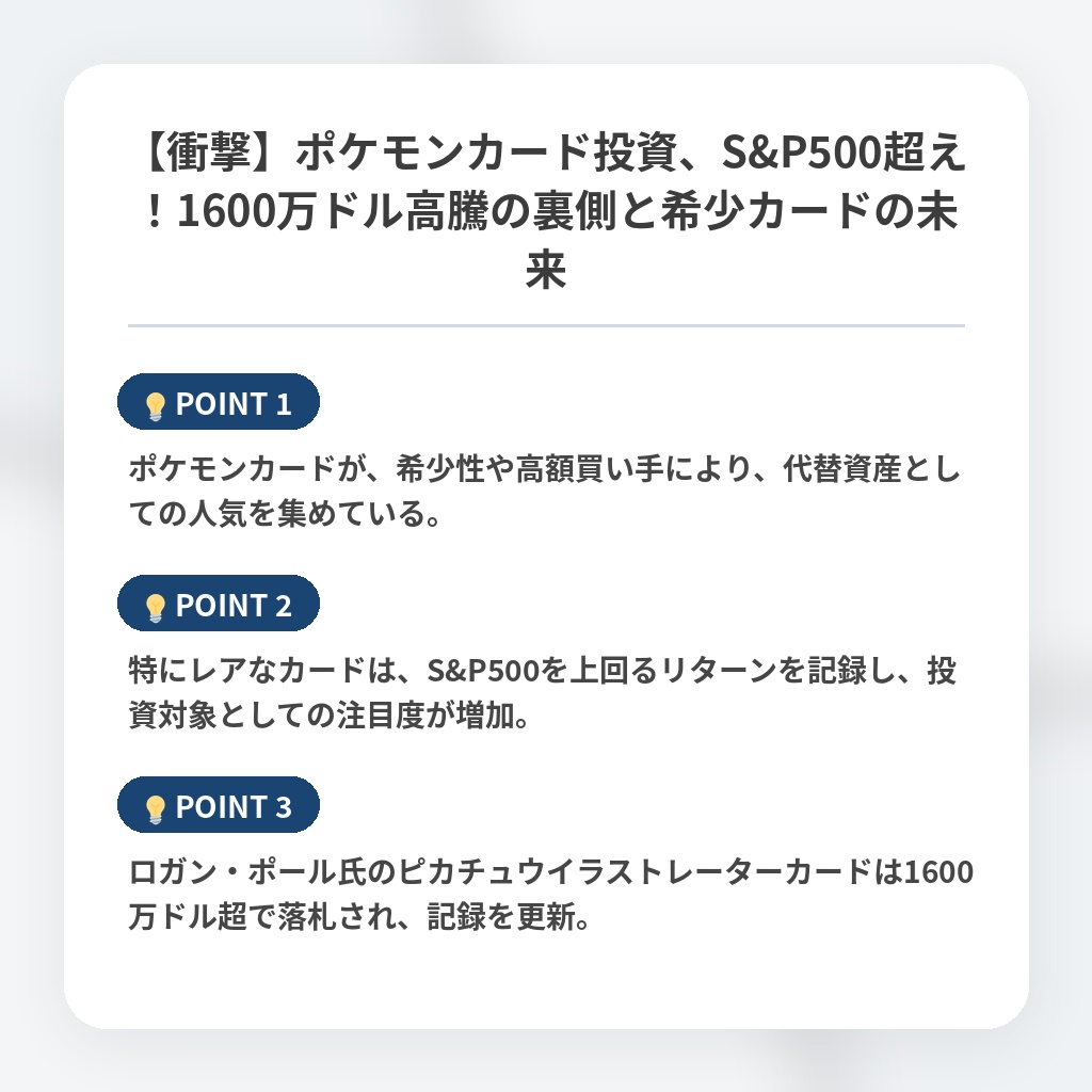 【衝撃】ポケモンカード投資、S&P500超え！1600万ドル高騰の裏側と希少カードの未来の注目ポイントまとめ