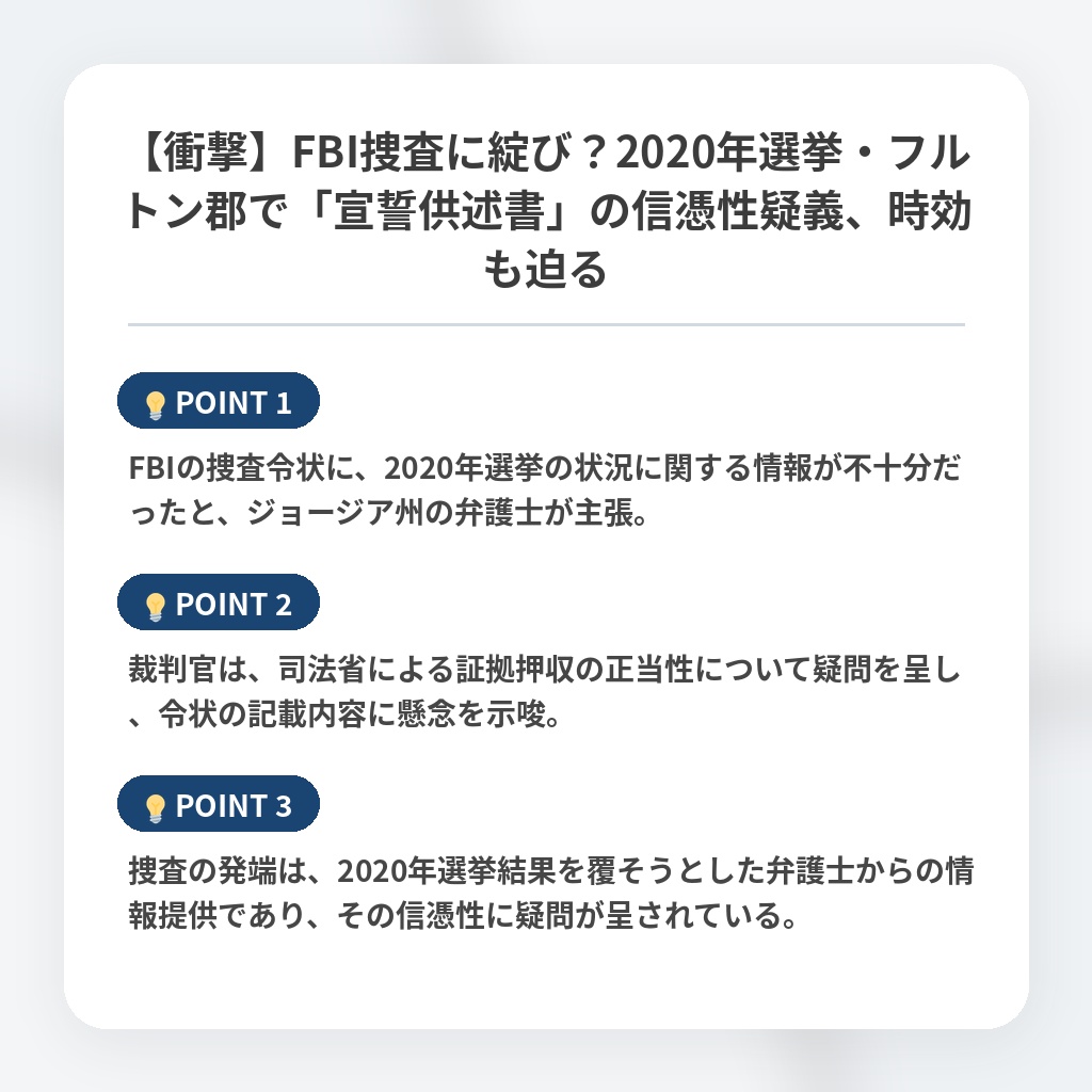 【衝撃】FBI捜査に綻び?2020年選挙・フルトン郡で「宣誓供述書」の信憑性疑義、時効も迫るの注目ポイントまとめ