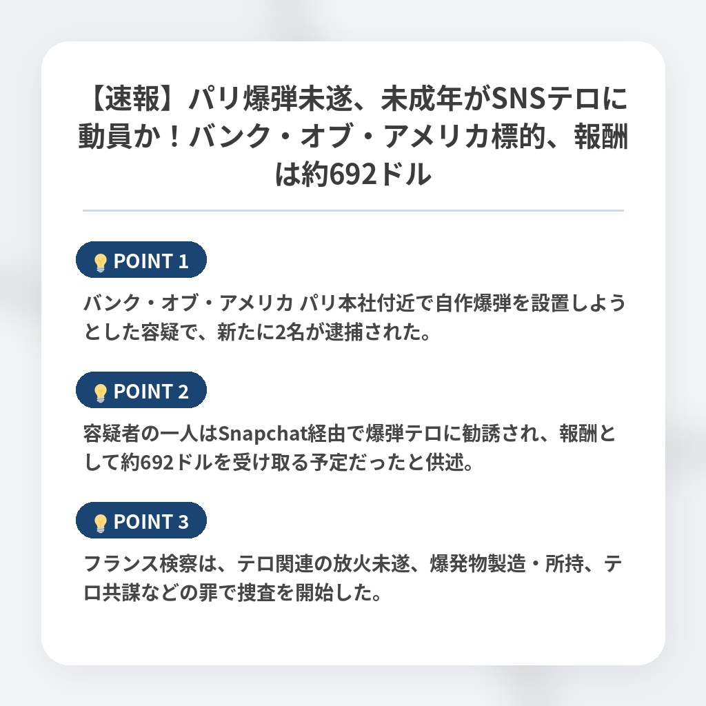 【速報】パリ爆弾未遂、未成年がSNSテロに動員か！バンク・オブ・アメリカ標的、報酬は約692ドルの注目ポイントまとめ