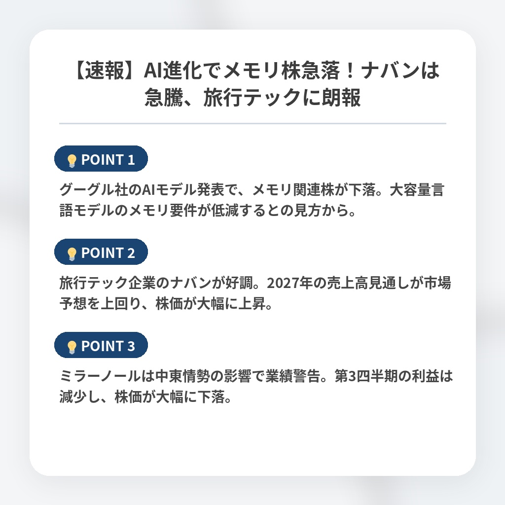 【速報】AI進化でメモリ株急落！ナバンは急騰、旅行テックに朗報の注目ポイントまとめ
