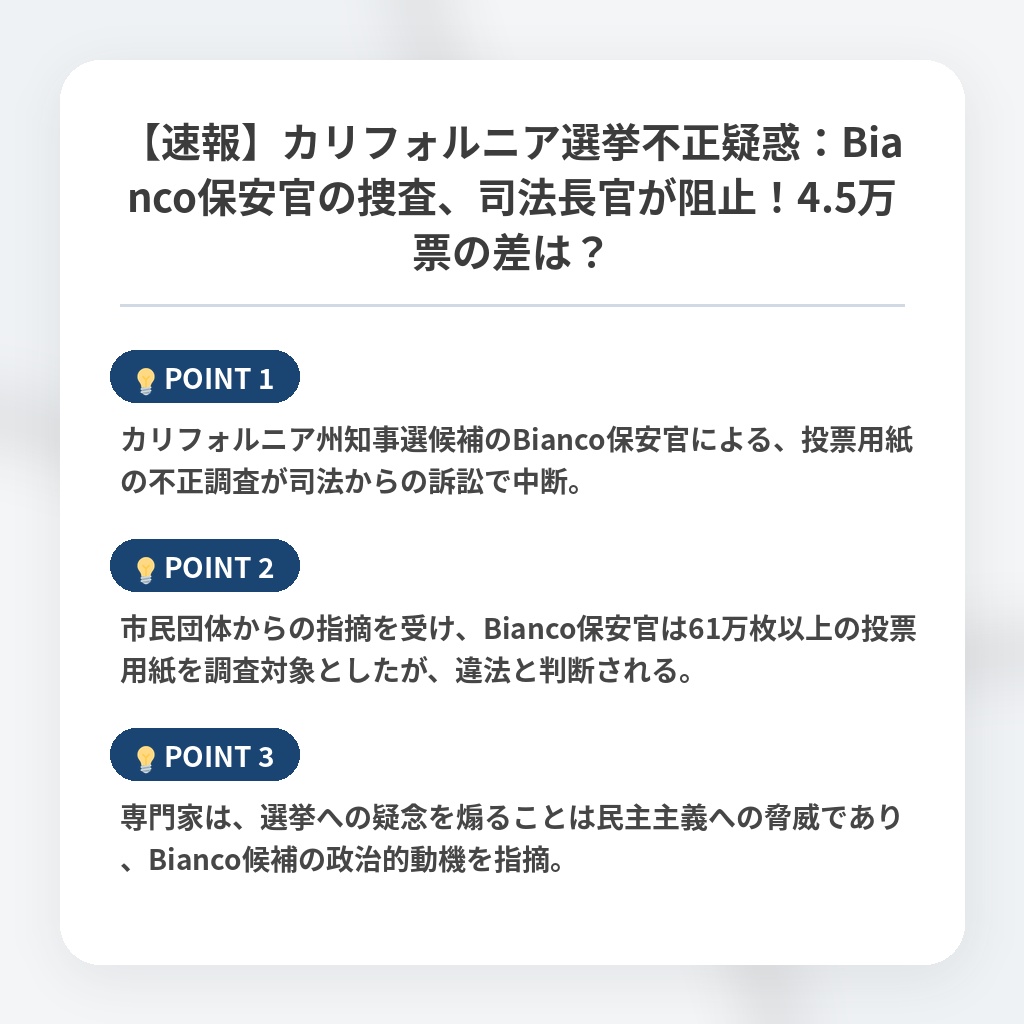 【速報】カリフォルニア選挙不正疑惑：Bianco保安官の捜査、司法長官が阻止！4.5万票の差は？の注目ポイントまとめ
