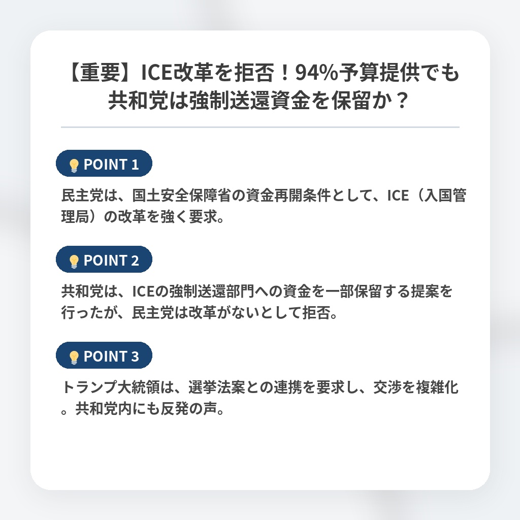 【重要】ICE改革を拒否！94%予算提供でも共和党は強制送還資金を保留か？の注目ポイントまとめ