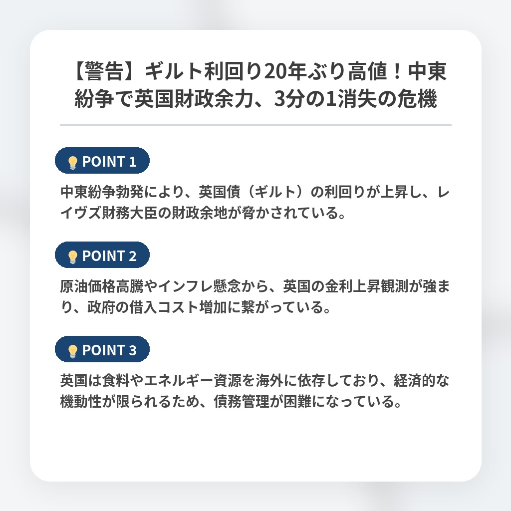 【警告】ギルト利回り20年ぶり高値!中東紛争で英国財政余力、3分の1消失の危機の注目ポイントまとめ