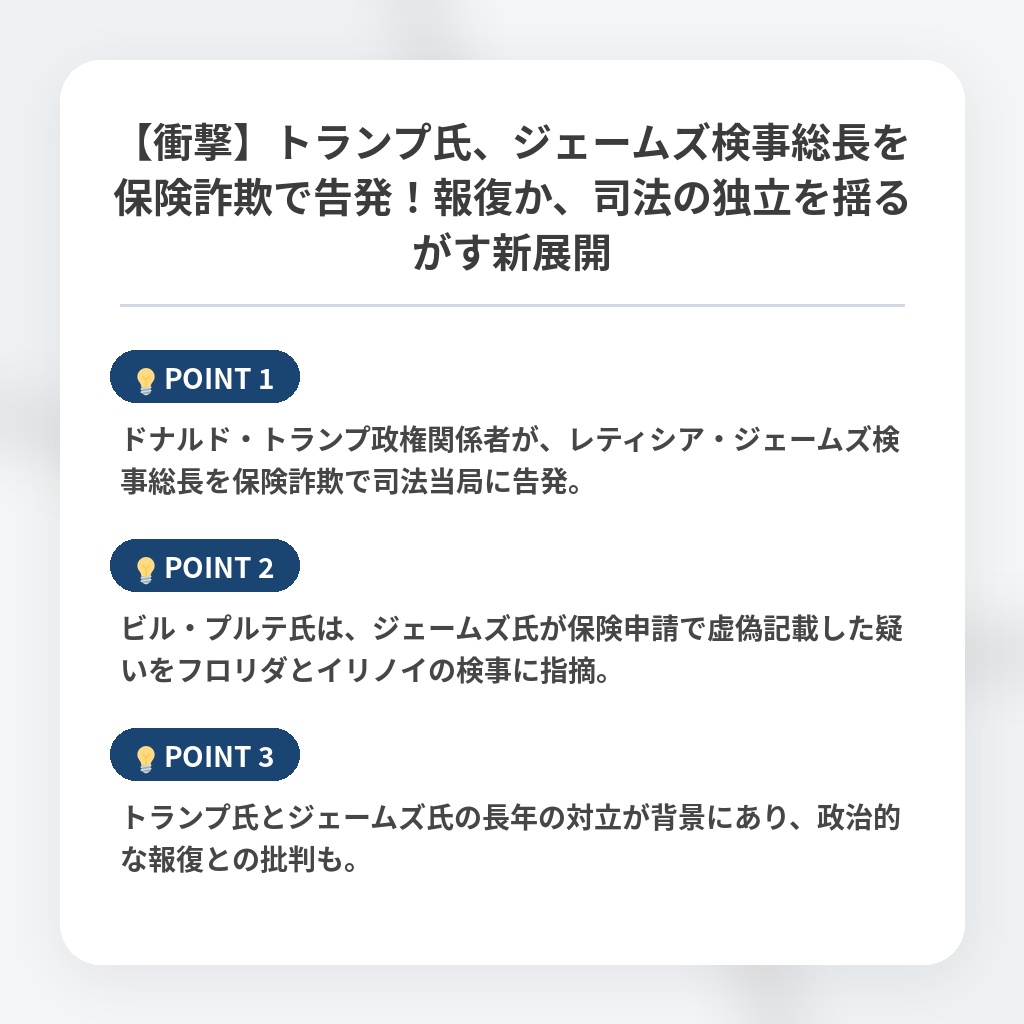 【衝撃】トランプ氏、ジェームズ検事総長を保険詐欺で告発！報復か、司法の独立を揺るがす新展開の注目ポイントまとめ