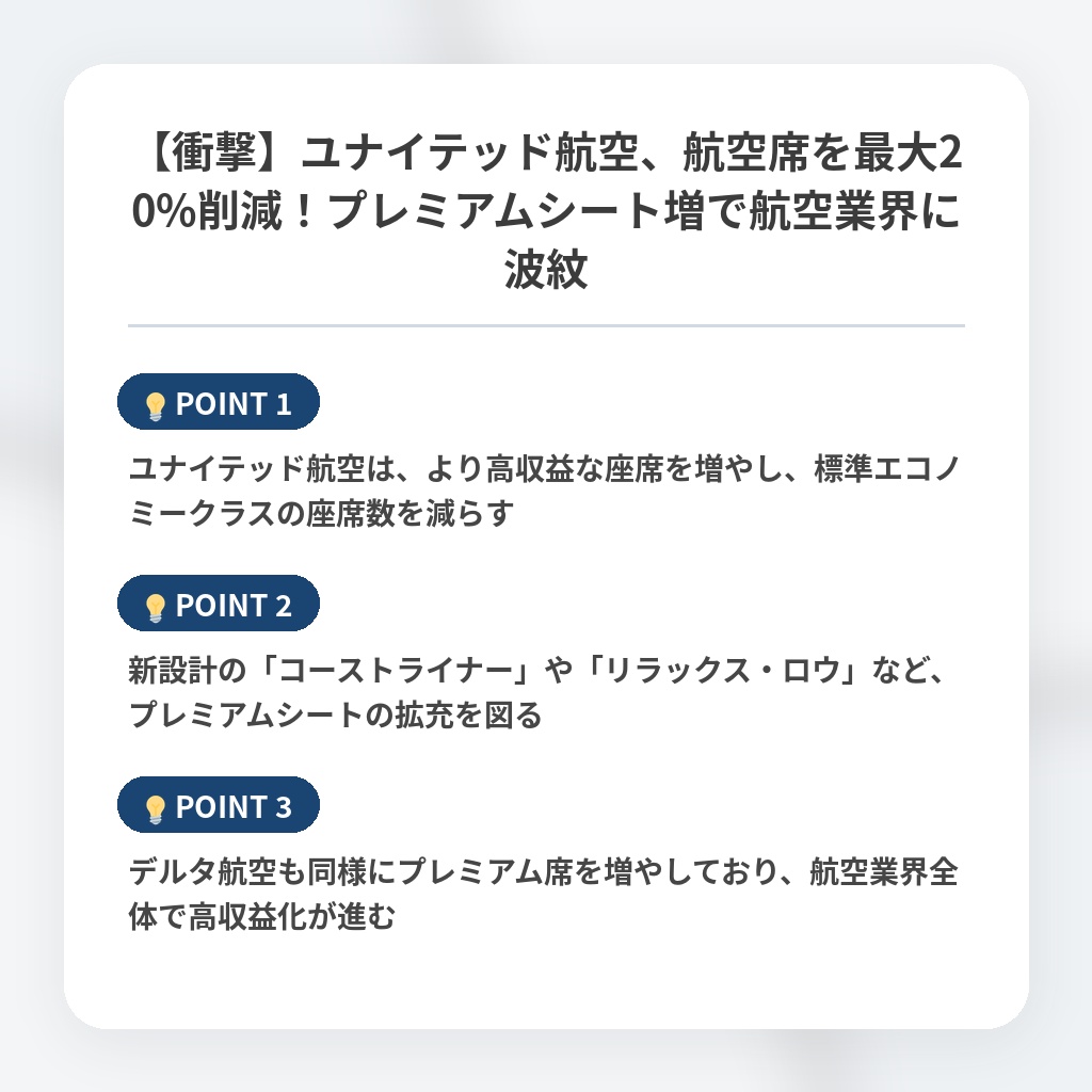 【衝撃】ユナイテッド航空、航空席を最大20%削減！プレミアムシート増で航空業界に波紋の注目ポイントまとめ