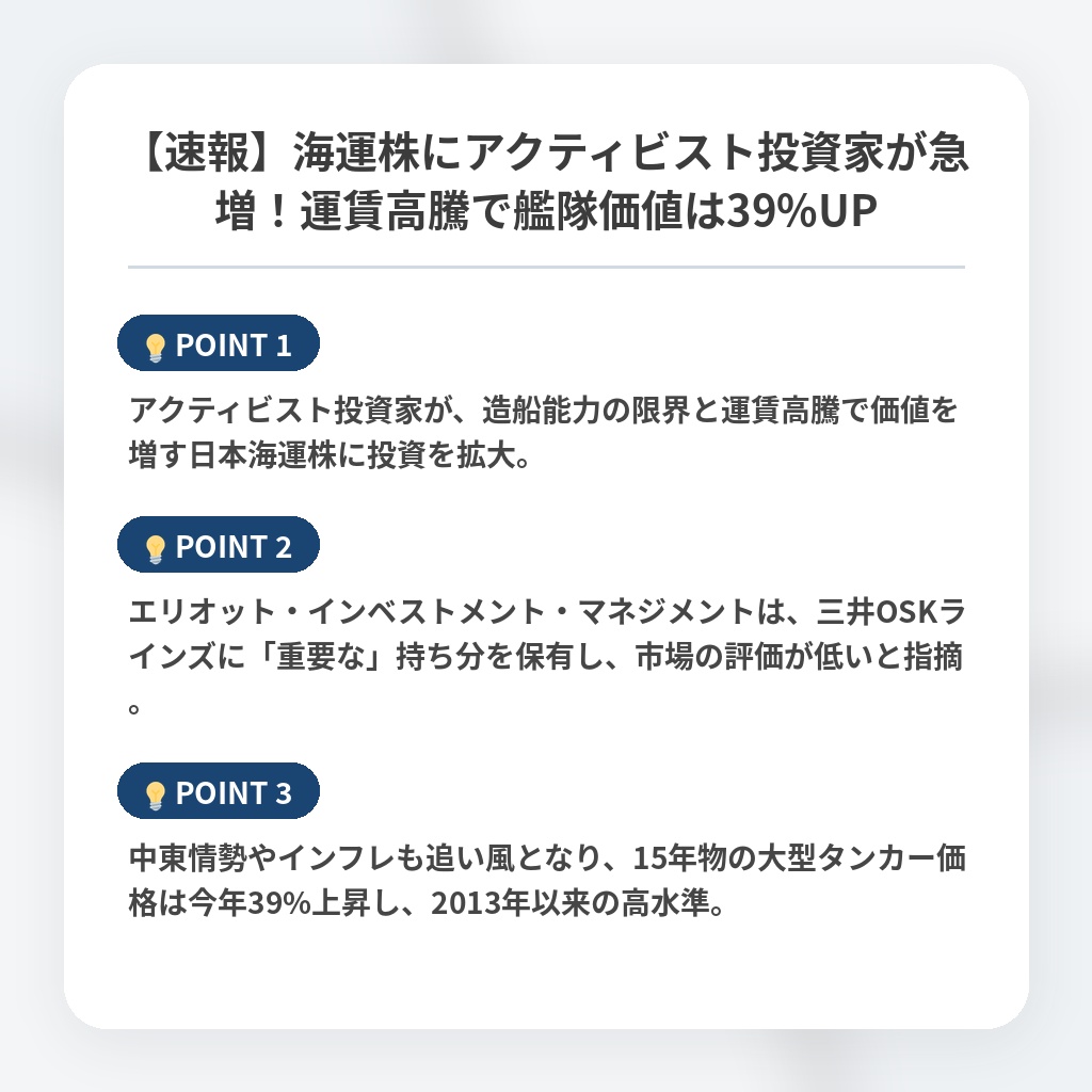 【速報】海運株にアクティビスト投資家が急増！運賃高騰で艦隊価値は39%UPの注目ポイントまとめ