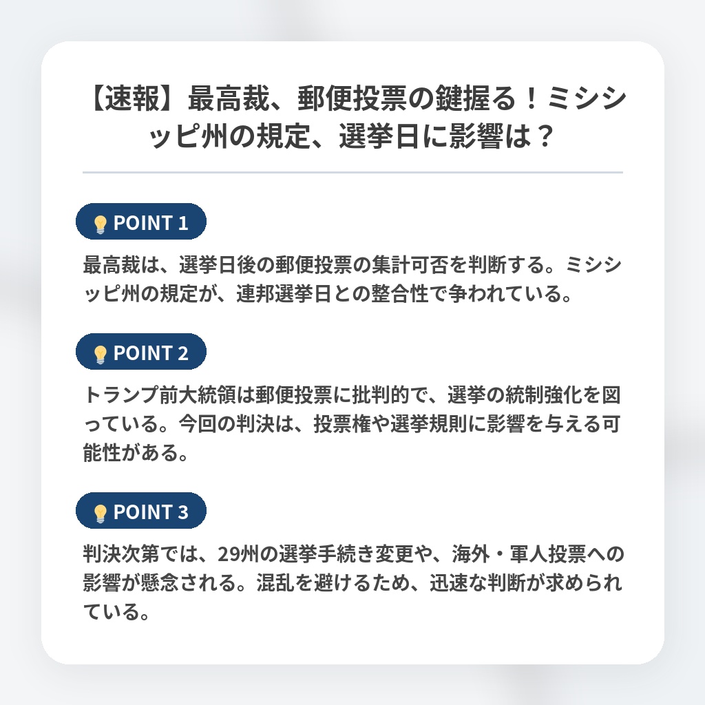 【速報】最高裁、郵便投票の鍵握る!ミシシッピ州の規定、選挙日に影響は?の注目ポイントまとめ