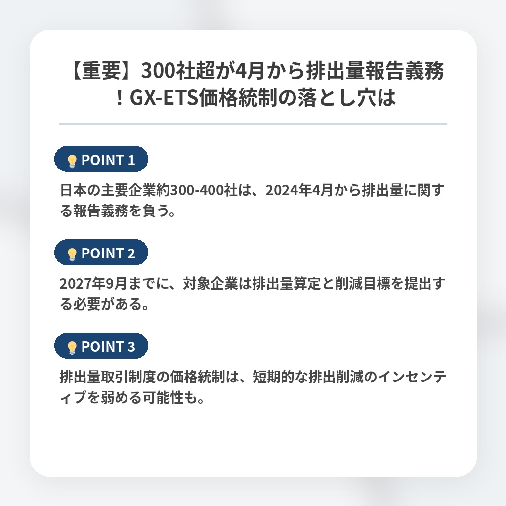 【重要】300社超が4月から排出量報告義務!GX-ETS価格統制の落とし穴はの注目ポイントまとめ