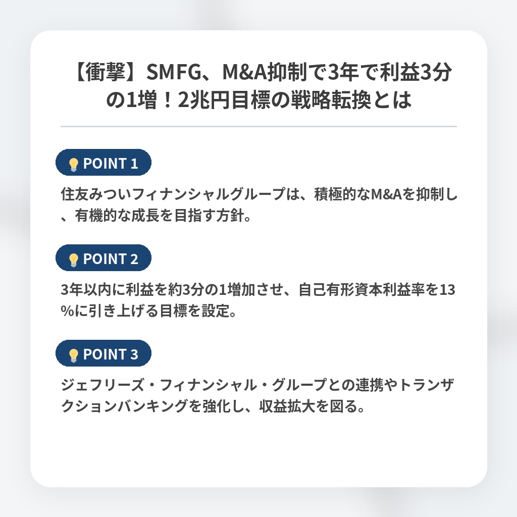 【衝撃】SMFG、M&A抑制で3年で利益3分の1増!2兆円目標の戦略転換とはの注目ポイントまとめ