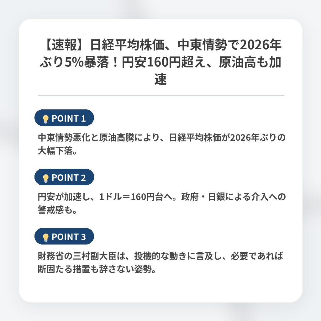 【速報】日経平均株価、中東情勢で2026年ぶり5%暴落!円安160円超え、原油高も加速の注目ポイントまとめ
