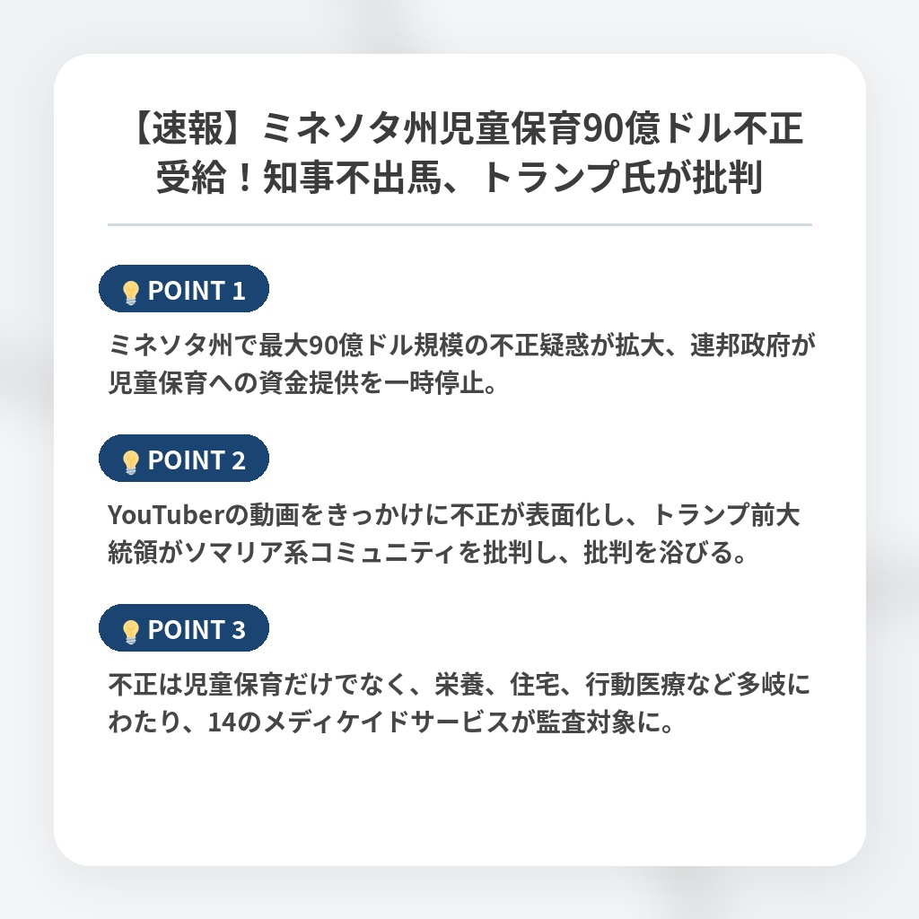 【速報】ミネソタ州児童保育90億ドル不正受給!知事不出馬、トランプ氏が批判の注目ポイントまとめ