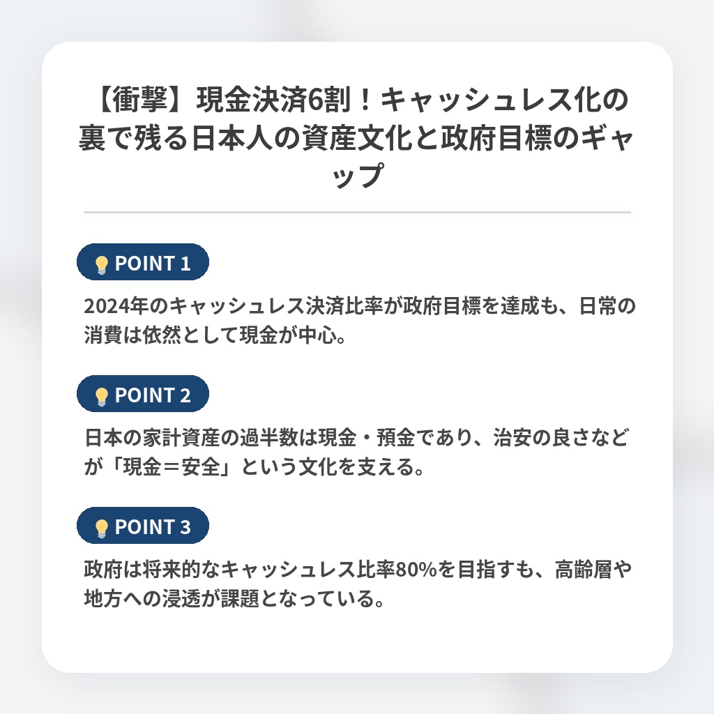 【衝撃】現金決済6割！キャッシュレス化の裏で残る日本人の資産文化と政府目標のギャップの注目ポイントまとめ