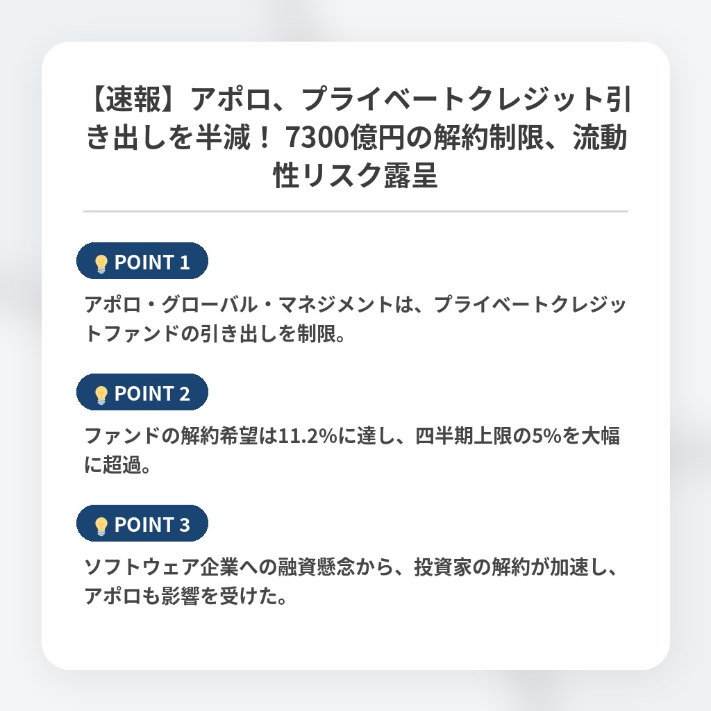 【速報】アポロ、プライベートクレジット引き出しを半減！ 7300億円の解約制限、流動性リスク露呈の注目ポイントまとめ