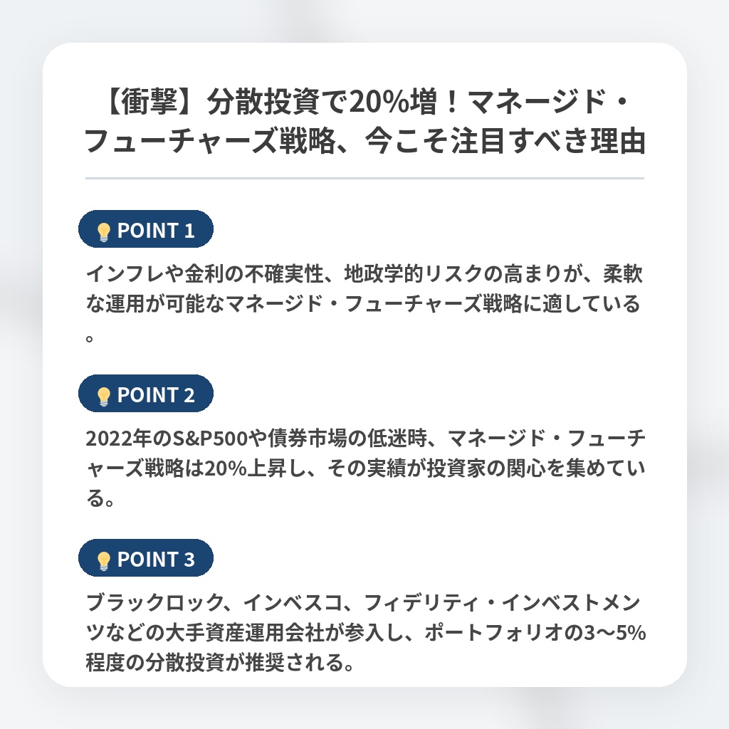 【衝撃】分散投資で20%増！マネージド・フューチャーズ戦略、今こそ注目すべき理由の注目ポイントまとめ