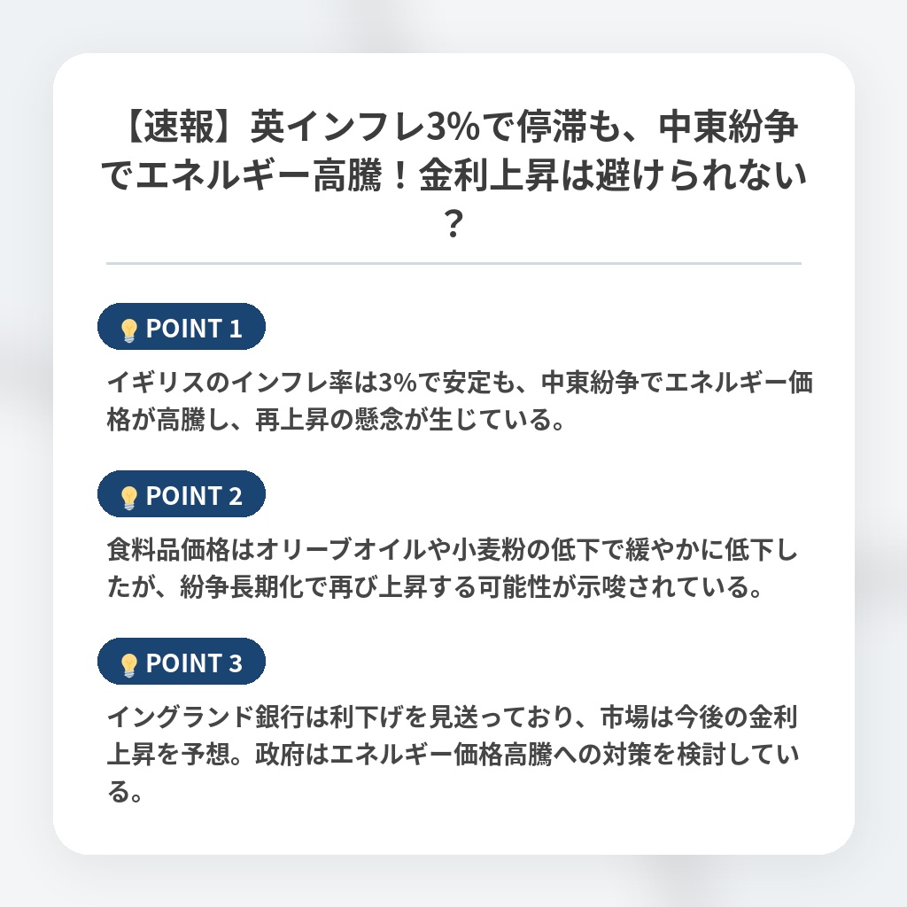 【速報】英インフレ3%で停滞も、中東紛争でエネルギー高騰！金利上昇は避けられない？の注目ポイントまとめ
