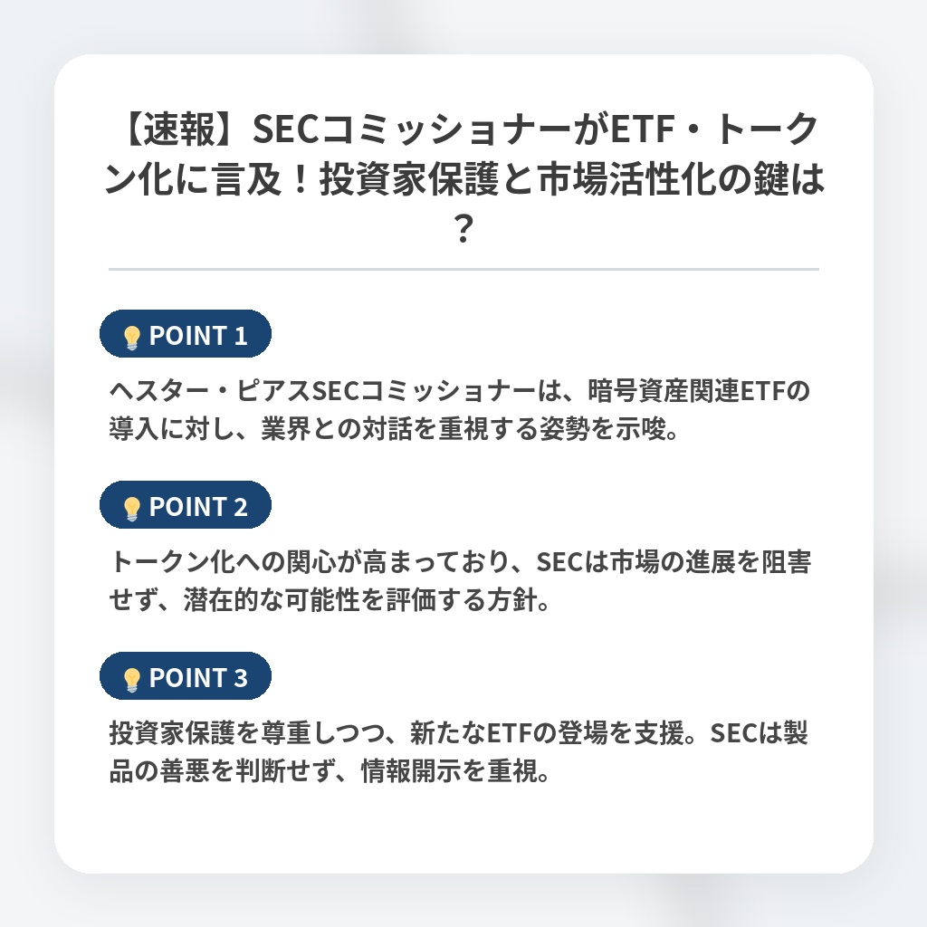 【速報】SECコミッショナーがETF・トークン化に言及！投資家保護と市場活性化の鍵は？の注目ポイントまとめ