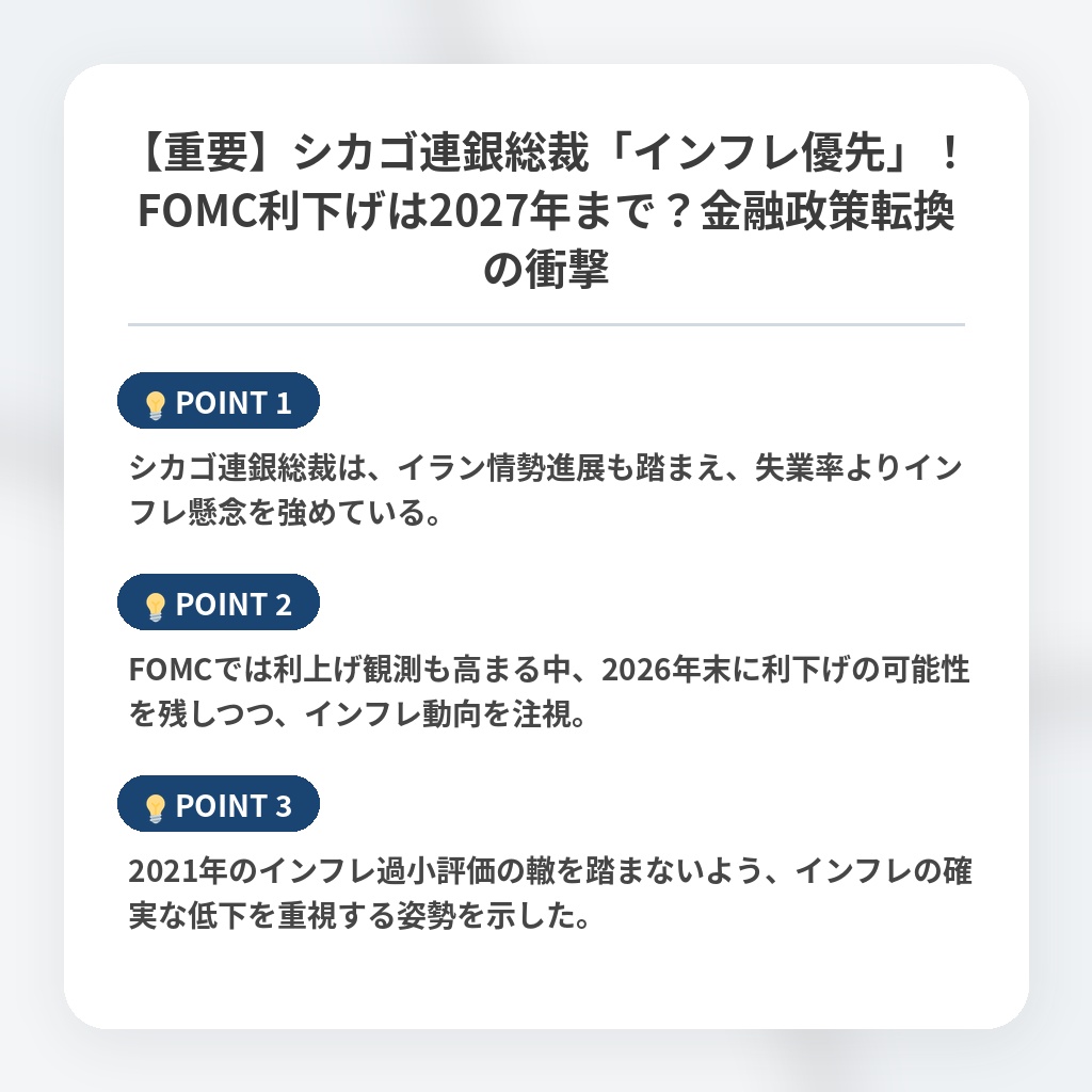 【重要】シカゴ連銀総裁「インフレ優先」！FOMC利下げは2027年まで？金融政策転換の衝撃の注目ポイントまとめ
