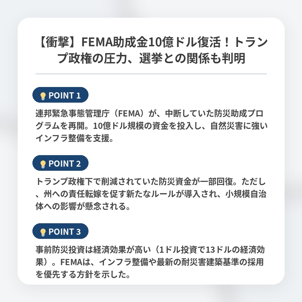 【衝撃】FEMA助成金10億ドル復活！トランプ政権の圧力、選挙との関係も判明の注目ポイントまとめ