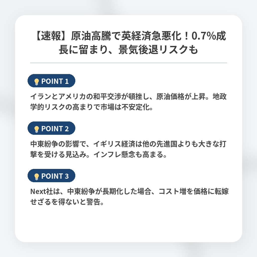 【速報】原油高騰で英経済急悪化！0.7%成長に留まり、景気後退リスクもの注目ポイントまとめ