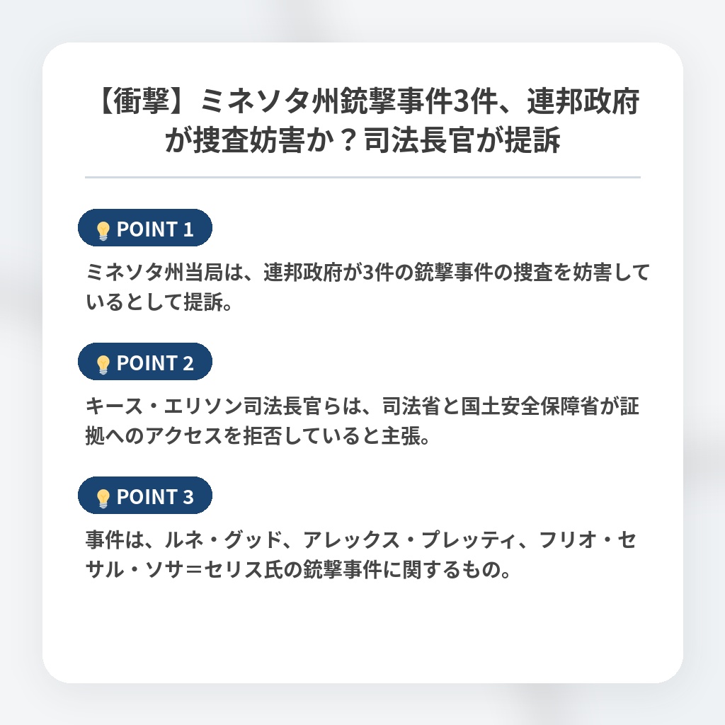 【衝撃】ミネソタ州銃撃事件3件、連邦政府が捜査妨害か？司法長官が提訴の注目ポイントまとめ