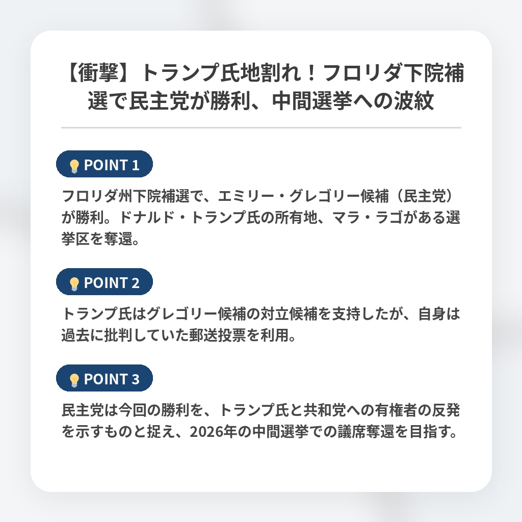 【衝撃】トランプ氏地割れ！フロリダ下院補選で民主党が勝利、中間選挙への波紋の注目ポイントまとめ