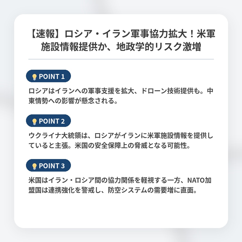 【速報】ロシア・イラン軍事協力拡大!米軍施設情報提供か、地政学的リスク激増の注目ポイントまとめ