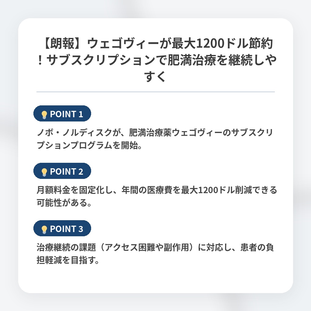 【朗報】ウェゴヴィーが最大1200ドル節約!サブスクリプションで肥満治療を継続しやすくの注目ポイントまとめ