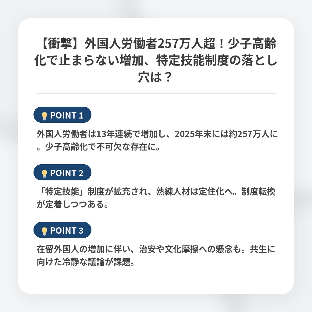 【衝撃】外国人労働者257万人超！少子高齢化で止まらない増加、特定技能制度の落とし穴は？の注目ポイントまとめ