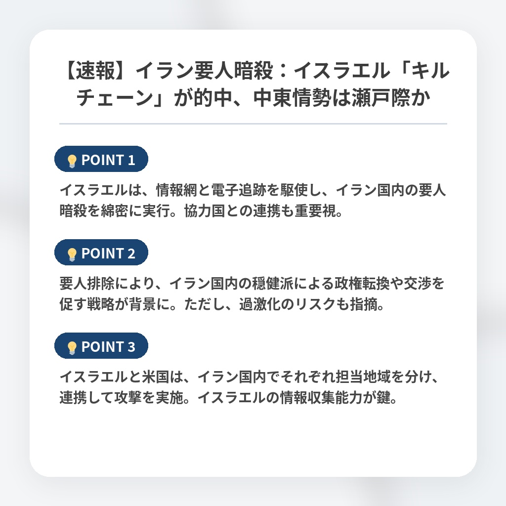 【速報】イラン要人暗殺:イスラエル「キルチェーン」が的中、中東情勢は瀬戸際かの注目ポイントまとめ