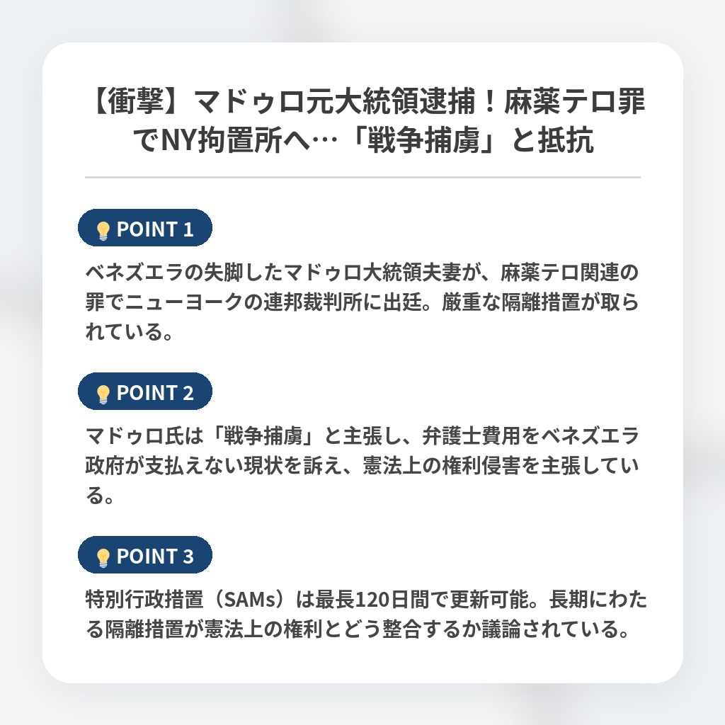 【衝撃】マドゥロ元大統領逮捕！麻薬テロ罪でNY拘置所へ…「戦争捕虜」と抵抗の注目ポイントまとめ