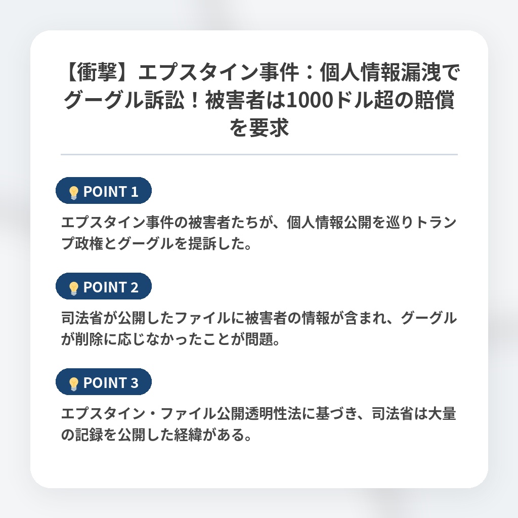 【衝撃】エプスタイン事件:個人情報漏洩でグーグル訴訟!被害者は1000ドル超の賠償を要求の注目ポイントまとめ