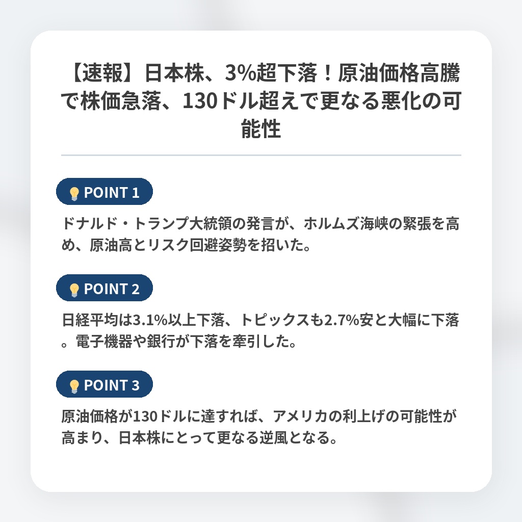 【速報】日本株、3%超下落！原油価格高騰で株価急落、130ドル超えで更なる悪化の可能性の注目ポイントまとめ