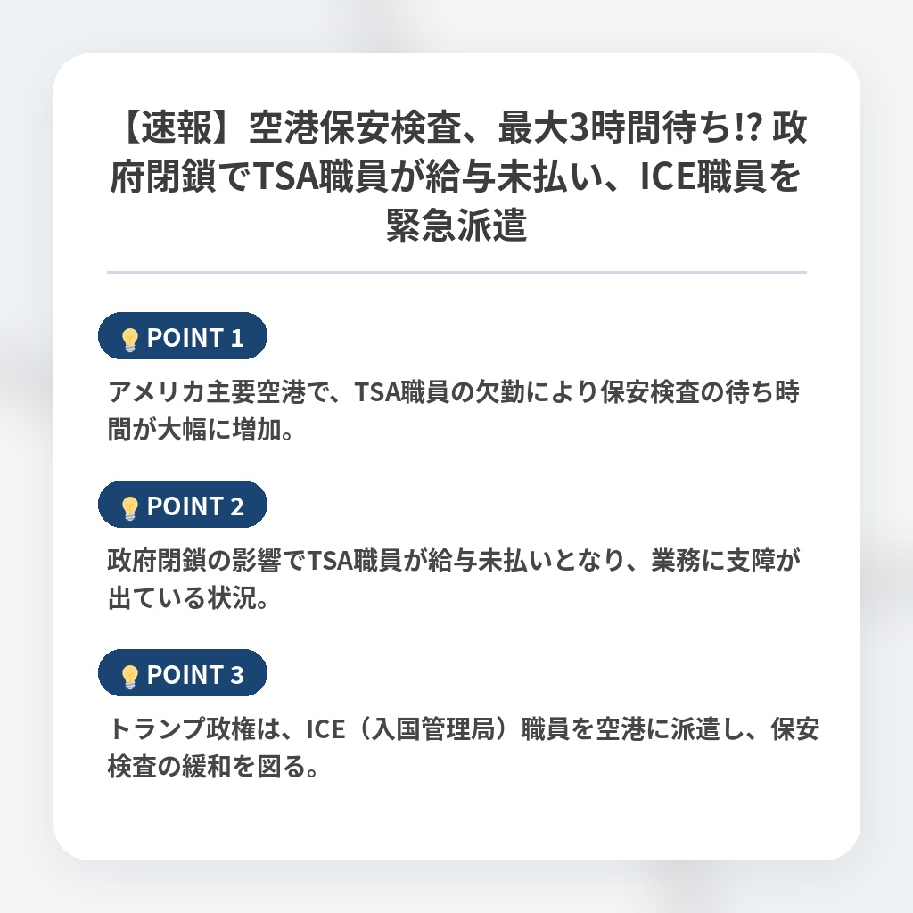 【速報】空港保安検査、最大3時間待ち!? 政府閉鎖でTSA職員が給与未払い、ICE職員を緊急派遣の注目ポイントまとめ