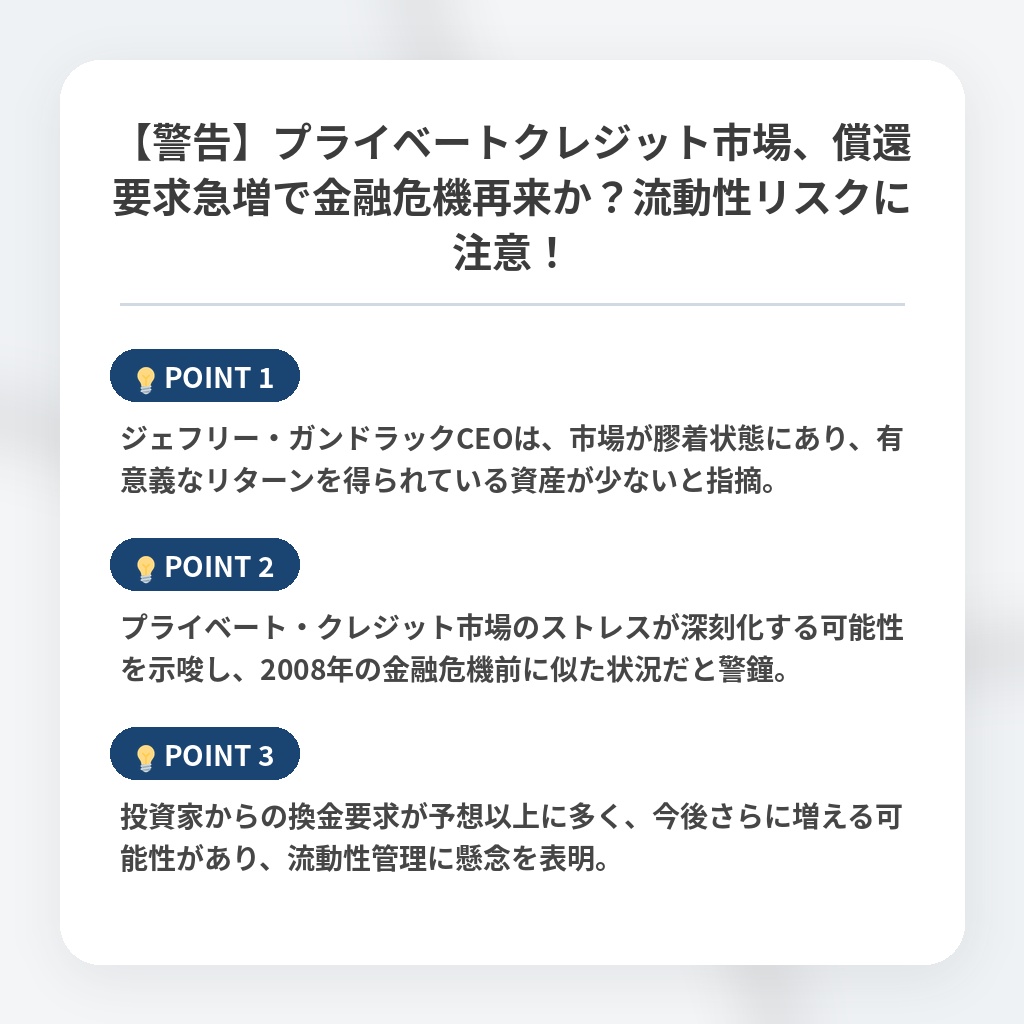 【警告】プライベートクレジット市場、償還要求急増で金融危機再来か？流動性リスクに注意！の注目ポイントまとめ
