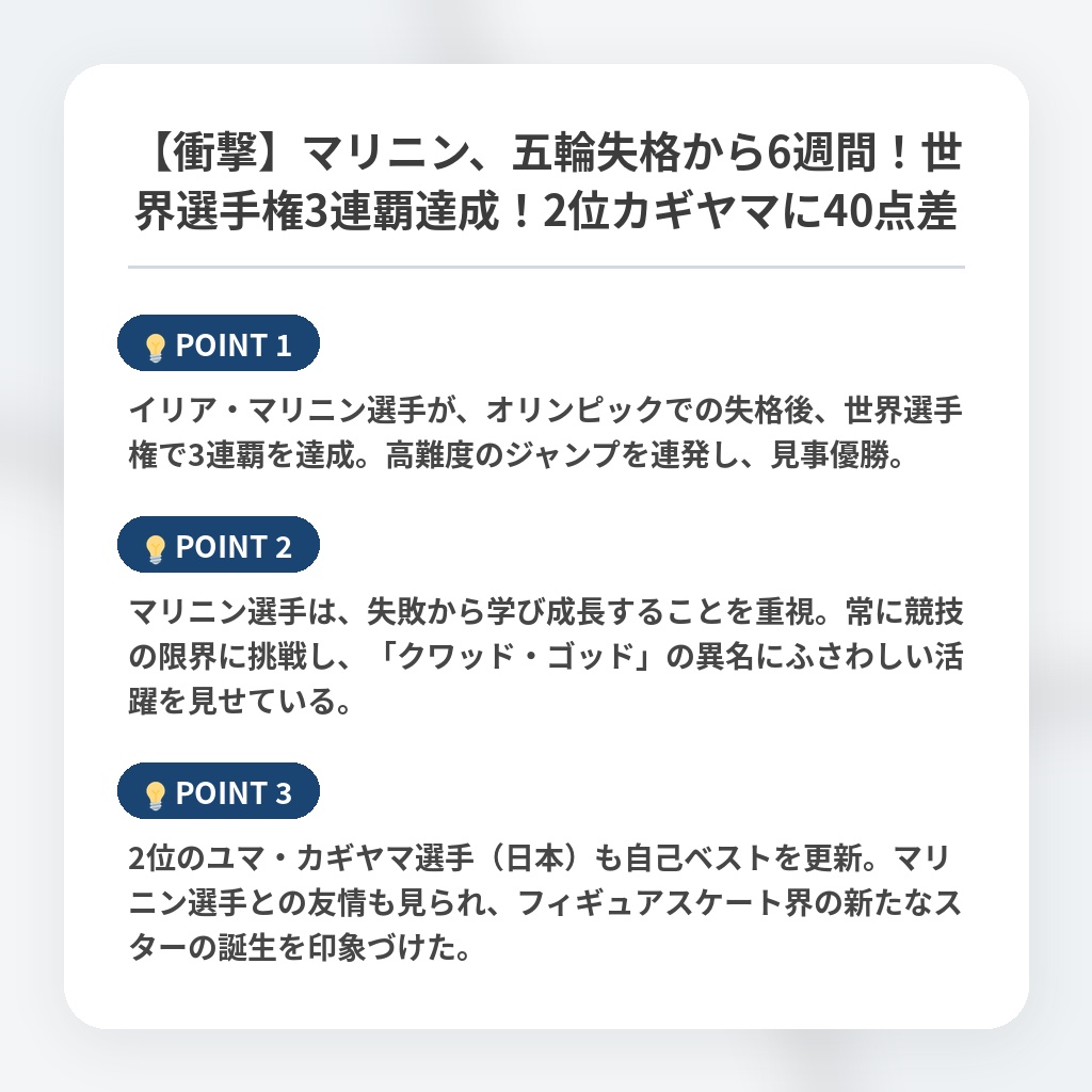 【衝撃】マリニン、五輪失格から6週間！世界選手権3連覇達成！2位カギヤマに40点差の注目ポイントまとめ