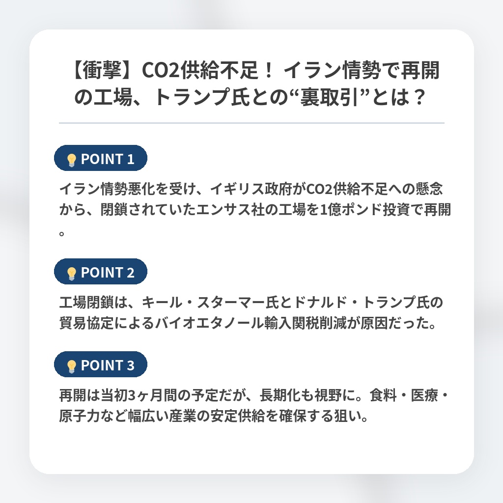 【衝撃】CO2供給不足! イラン情勢で再開の工場、トランプ氏との“裏取引”とは?の注目ポイントまとめ